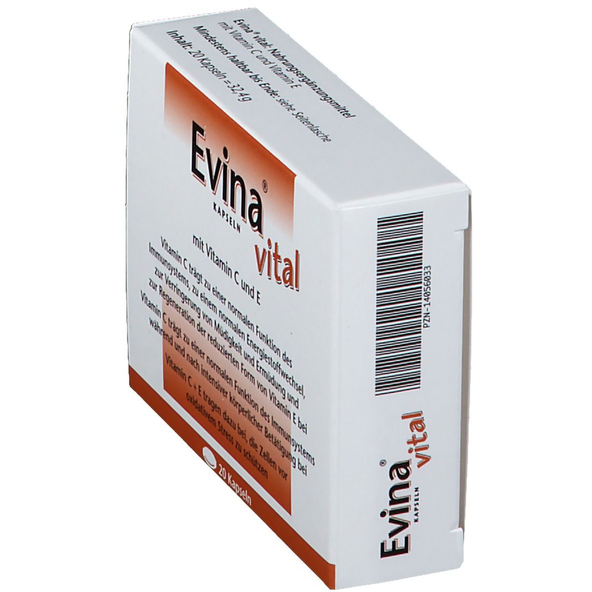 Schachtel "Evina vital Kapseln" mit 20 Kapseln. Enthält Vitamin C und E. Weiße Verpackung mit Text in Deutsch.