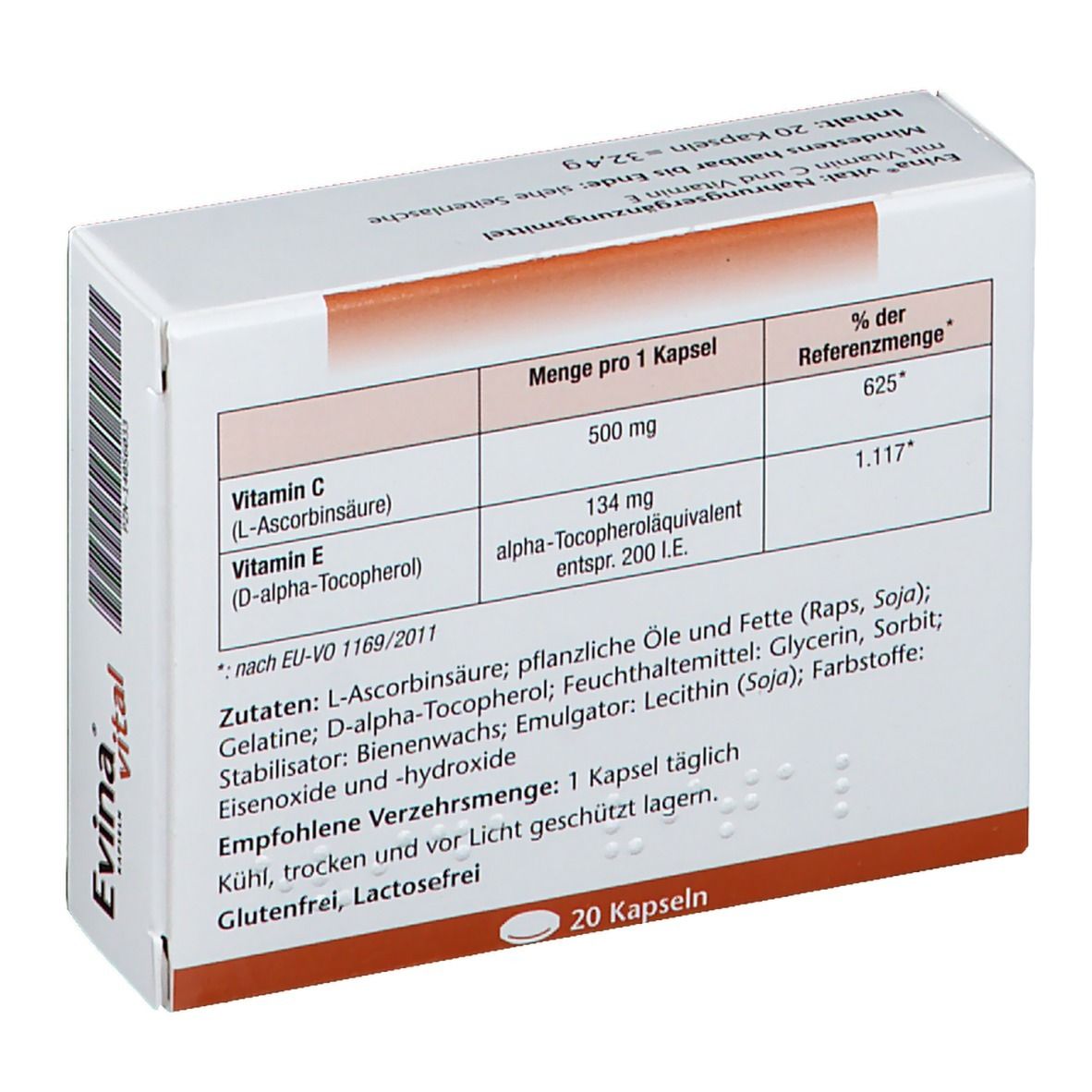 Rückseite der "Evina vital"-Verpackung. Enthält Nährwertangaben pro Kapsel: Vitamin C und E. Text in Deutsch.