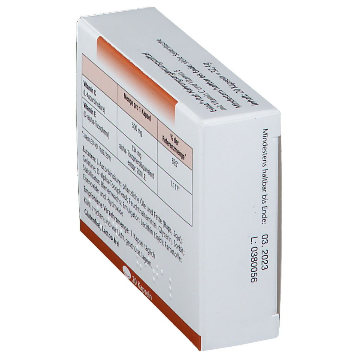 Schachtel "Evina vital" mit Nährwertangaben. Enthält Vitamin C und E. Text in Deutsch. Mindesthaltbarkeitsdatum.