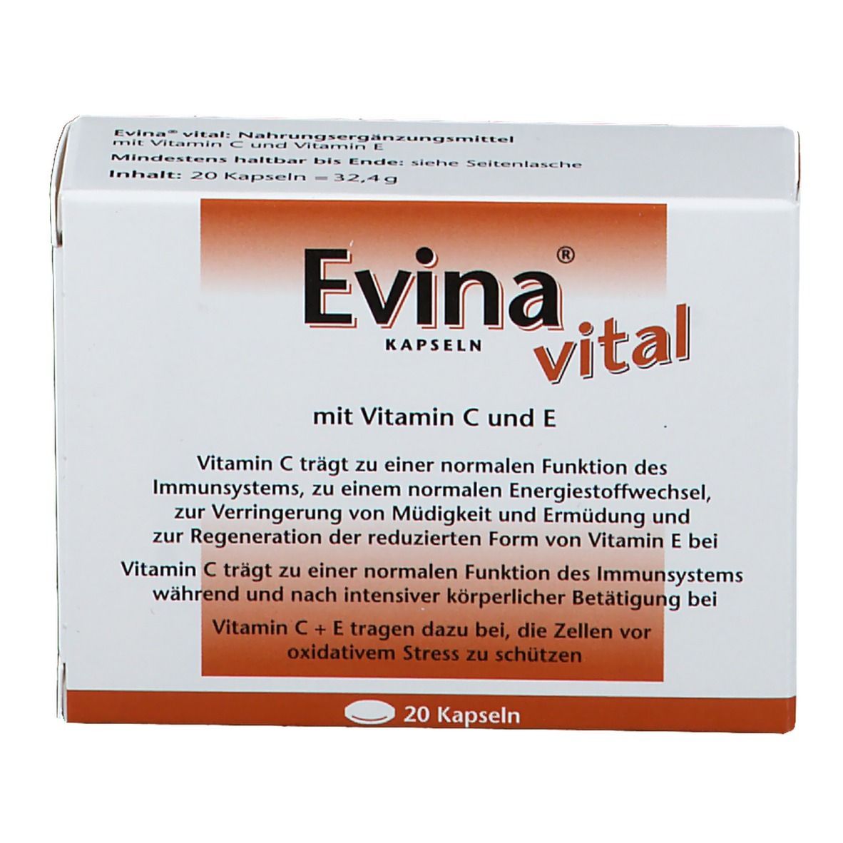 Weiße Schachtel "Evina vital Kapseln" mit 20 Kapseln. Enthält Vitamin C und E. Text in Deutsch.