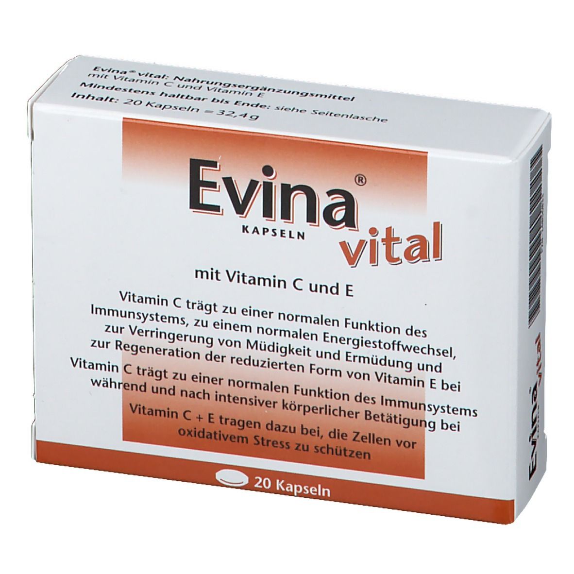 Weiße Schachtel "Evina vital Kapseln" mit 20 Kapseln. Enthält Vitamin C und E. Text in Deutsch.