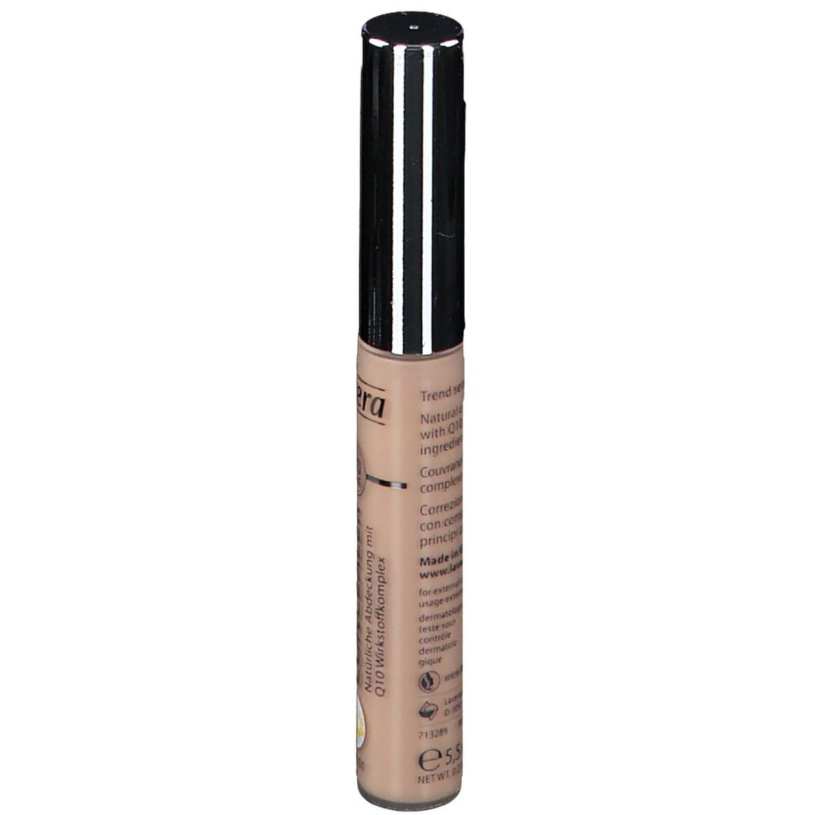 Concealer-Stift, ivory 01. Rückseite mit Text, u.a. Q10 Wirkstoffkomplex. Vegan-Logo. Nettofüllmenge: 5,5 ml.