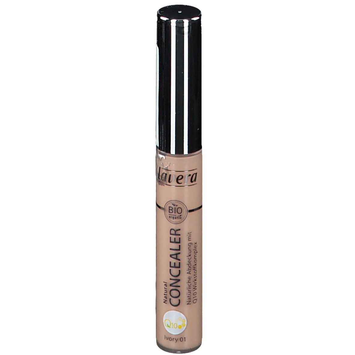Concealer-Stift, ivory 01. Schwarzer Deckel, silberfarbener Schaft. Aufschrift: lavera, Natural Concealer, Q10.