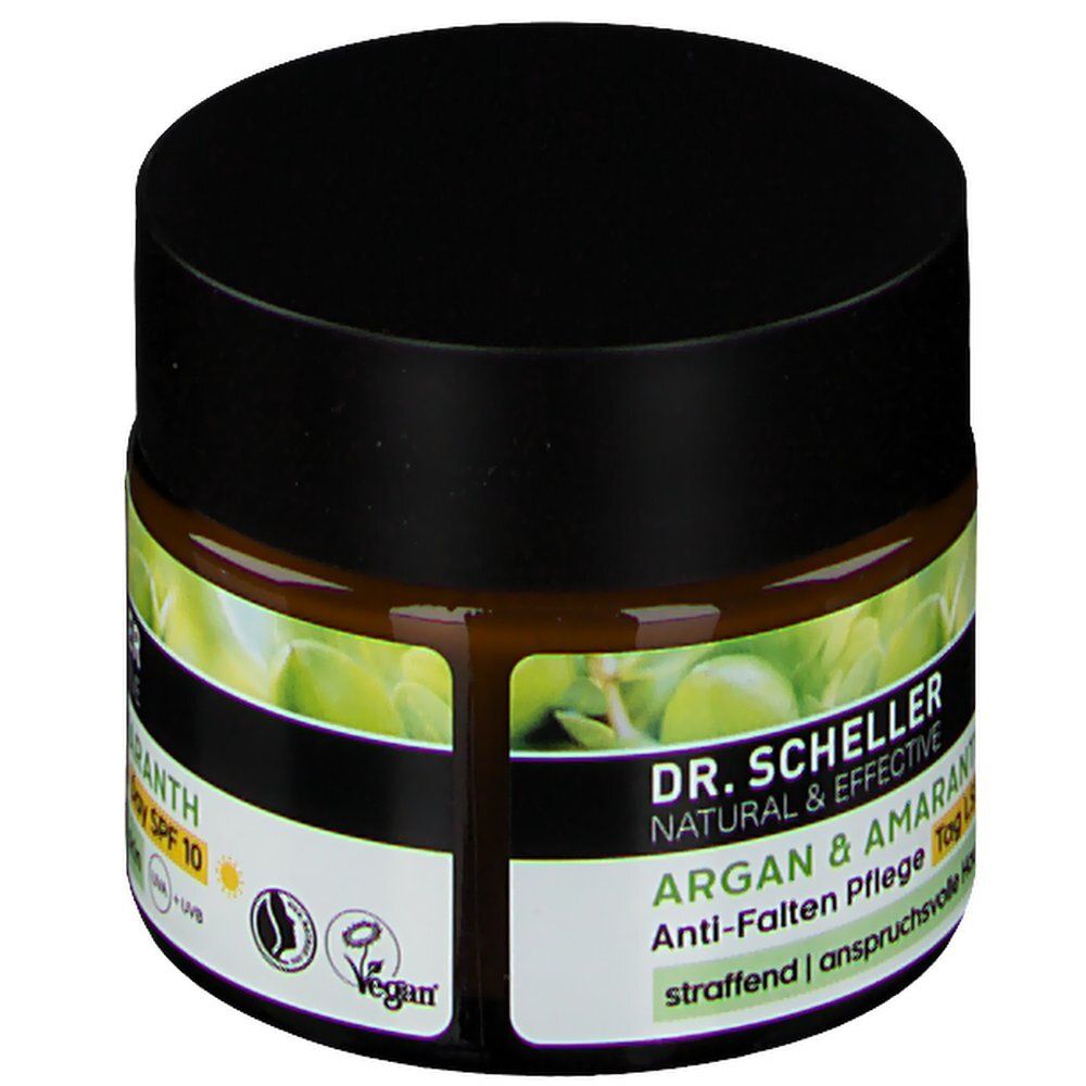 Creme-Tiegel mit schwarzem Deckel. Aufschrift: DR. SCHELLER, Argan & Amaranth, Anti-Falten Pflege. Vegan-Siegel.