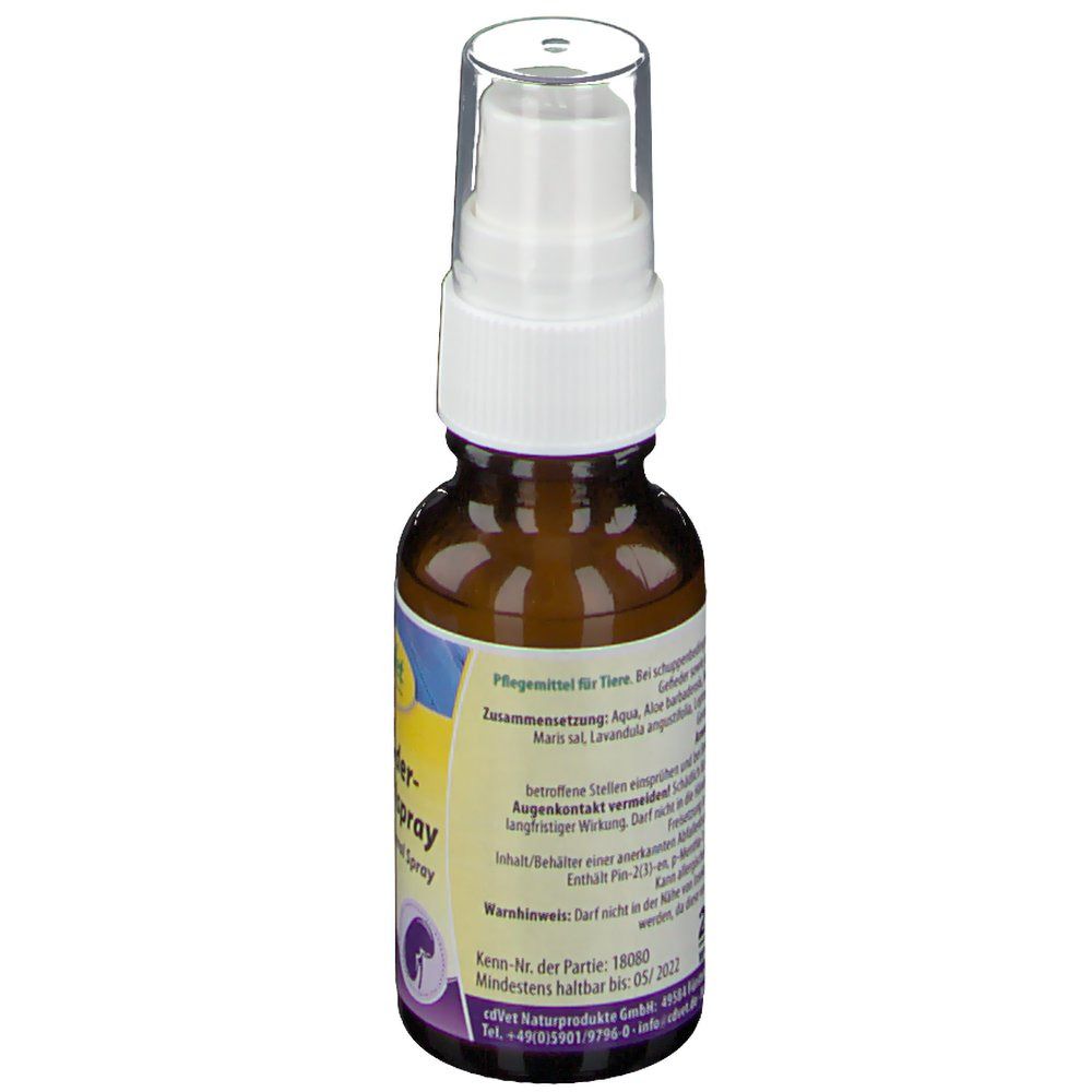 Dos du flacon pulvérisateur brun. Texte : Soin pour animaux, ingrédients, avertissements. Logo cdVet.