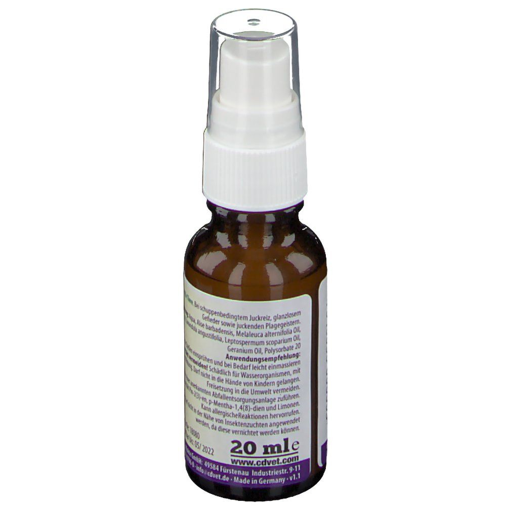 Dos du flacon pulvérisateur brun. Texte : Ingrédients, 20 ml, www.cdvet.com, fabriqué en Allemagne.