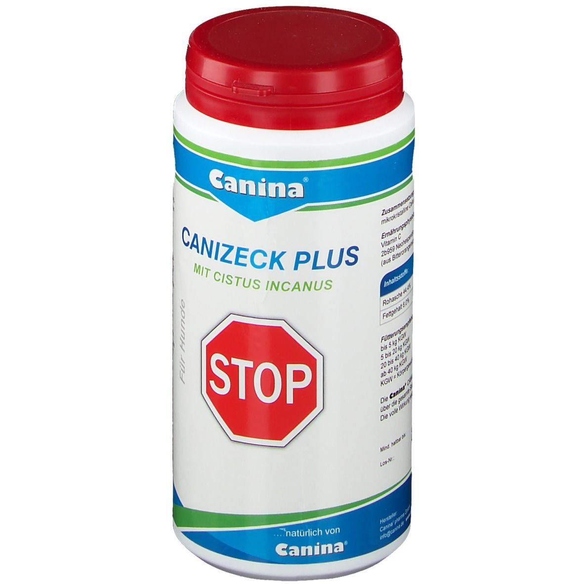Weiße Dose mit rotem Deckel. Aufschrift: Canina, CANIZECK PLUS, STOP-Zeichen. Für Hunde.