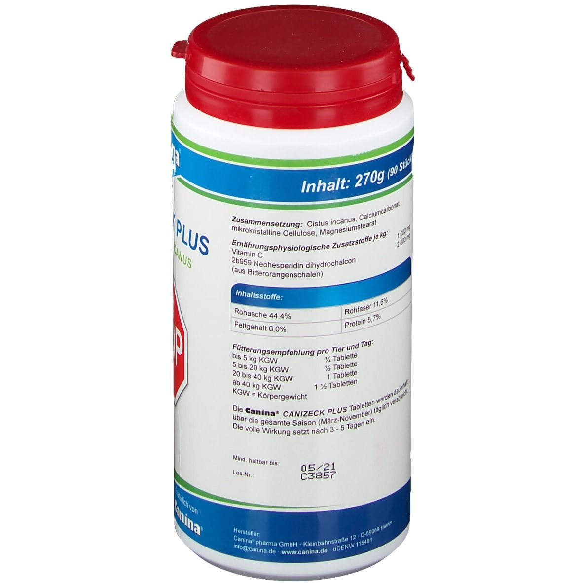 Weiße Dose mit rotem Deckel. Rückseite mit Inhaltsstoffen und Fütterungsempfehlung. Text in Deutsch.