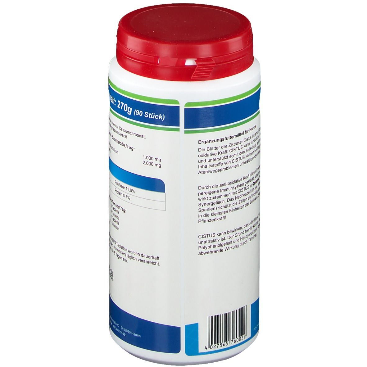 Weiße Dose mit rotem Deckel. Rückseite mit Produktinformationen und Inhaltsstoffen. Text in Deutsch.