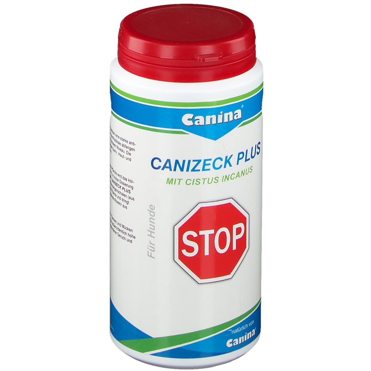 Weiße Dose mit rotem Deckel. Aufschrift: Canina, CANIZECK PLUS, STOP-Zeichen. Für Hunde.