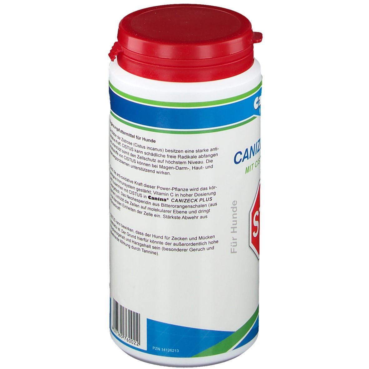 Weiße Dose mit rotem Deckel. Rückseite mit Produktinformationen. Text in Deutsch.