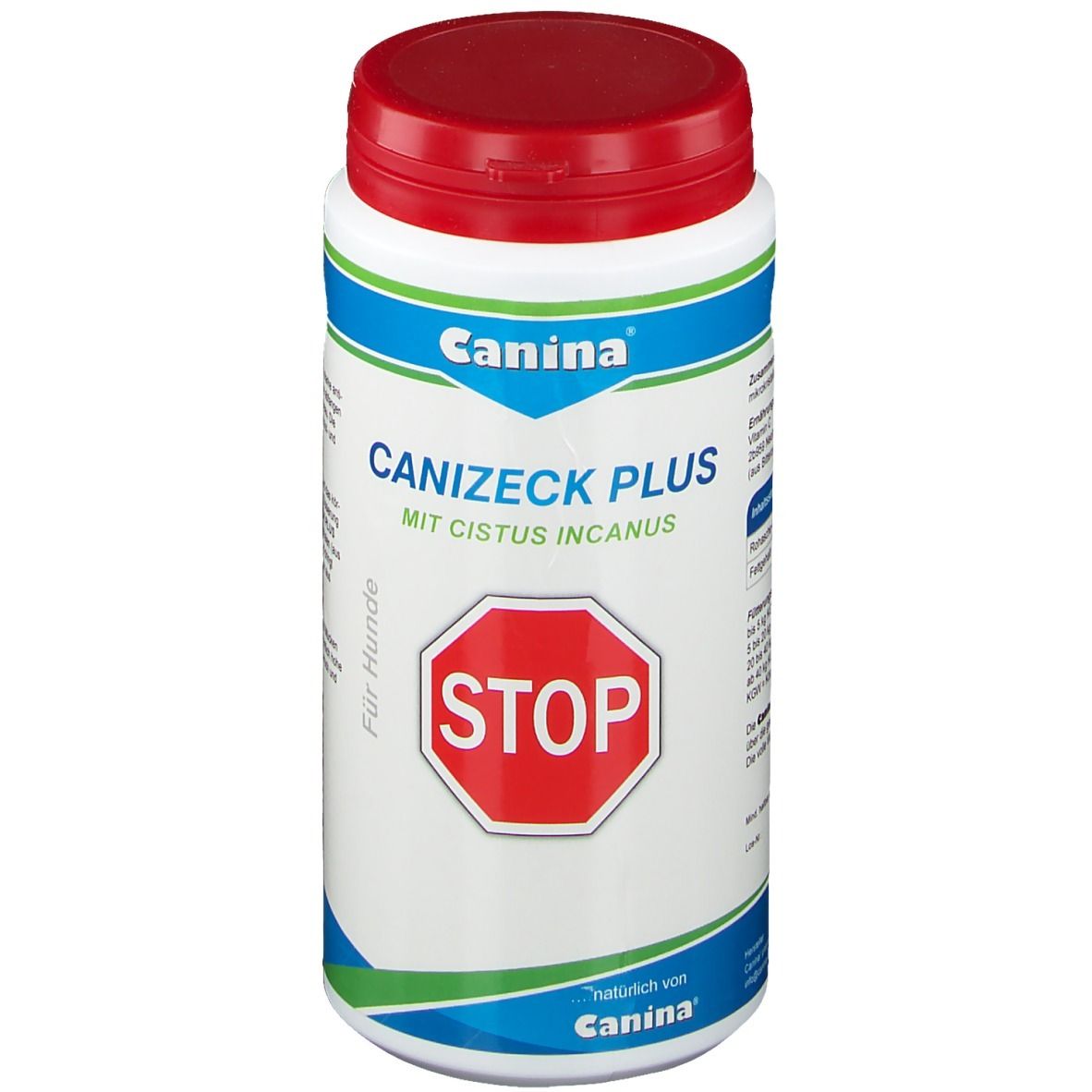 Weiße Dose mit rotem Deckel. Aufschrift: Canina, CANIZECK PLUS, STOP-Zeichen. Für Hunde.