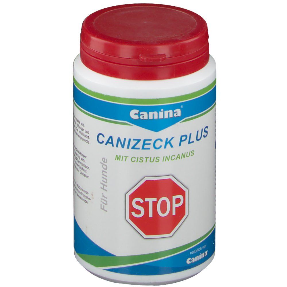Boîte blanche avec couvercle rouge. Inscription : Canina Canizeck Plus, signe Stop. Pour chiens.