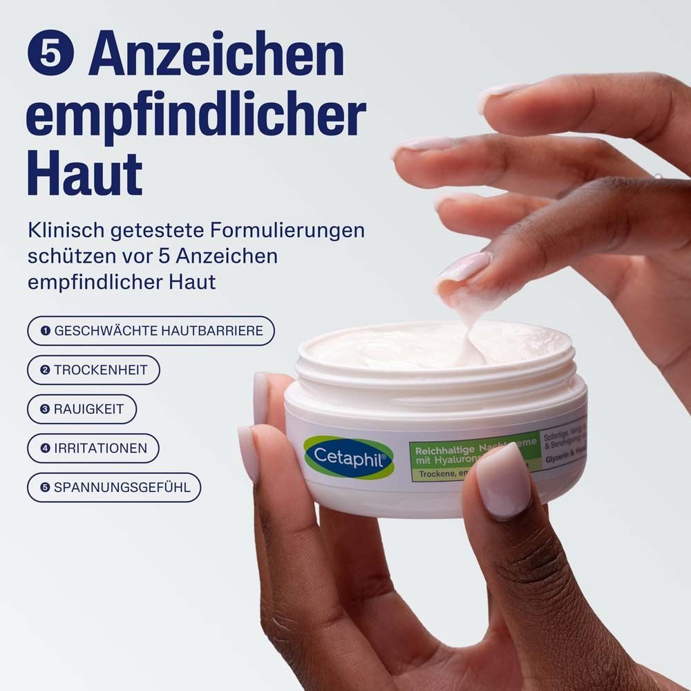 Mains tenant un pot. Texte: 5 signes de peau sensible. Formules testées cliniquement.