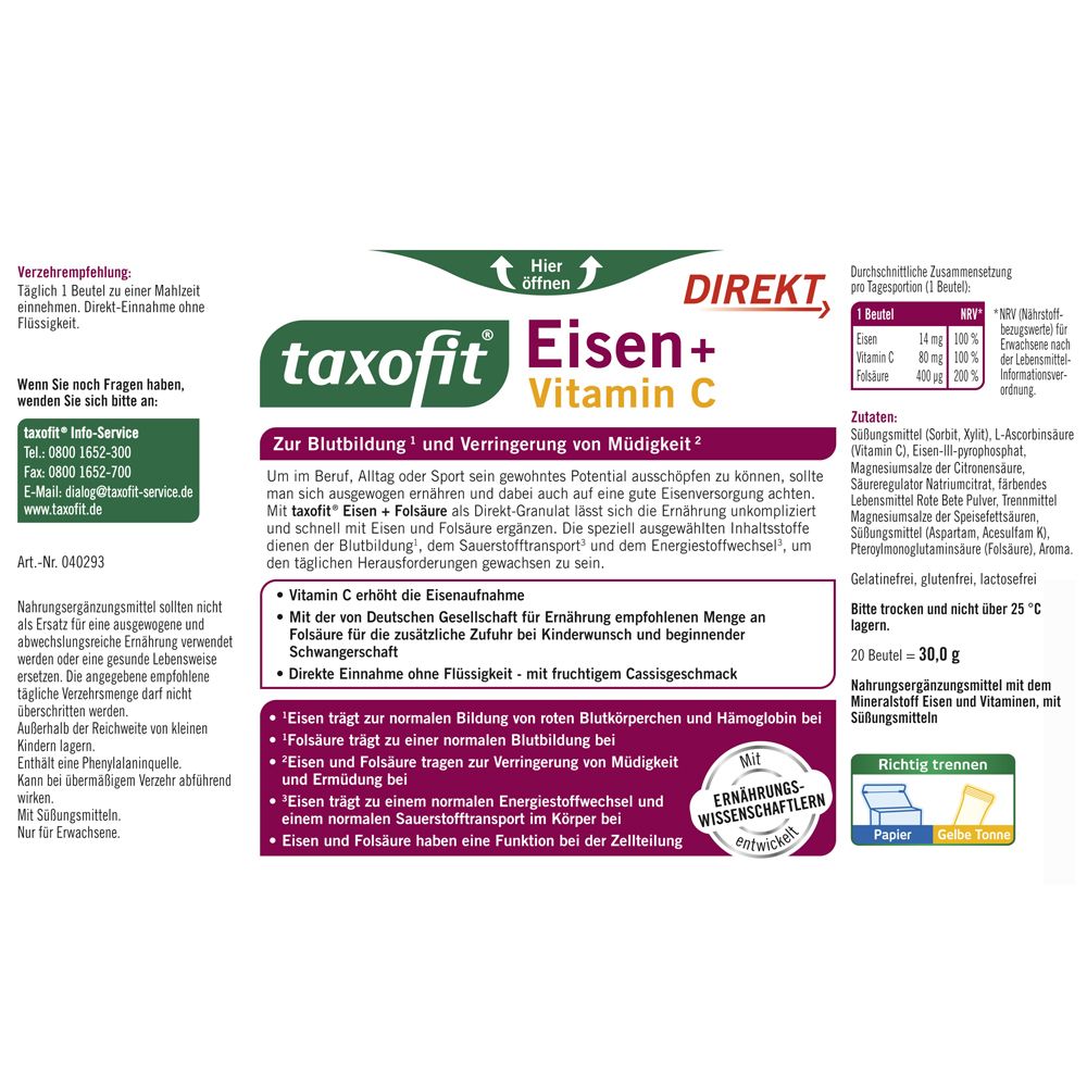 taxofit® Direkt Eisen   Folsäure   Vitamin C 20 St - Redcare Apotheke