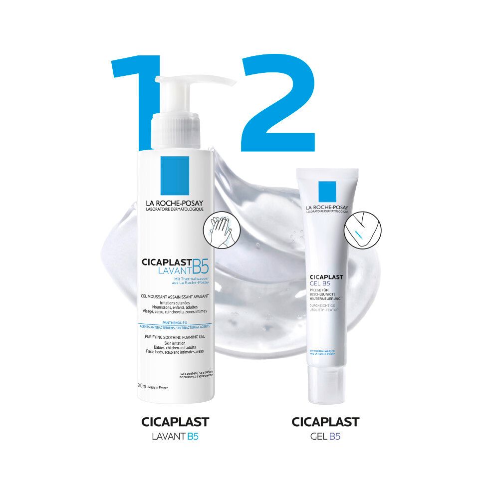 CICAPLAST Lavant B5 et GEL B5. Deux produits côte à côte. Inscription: CICAPLAST.