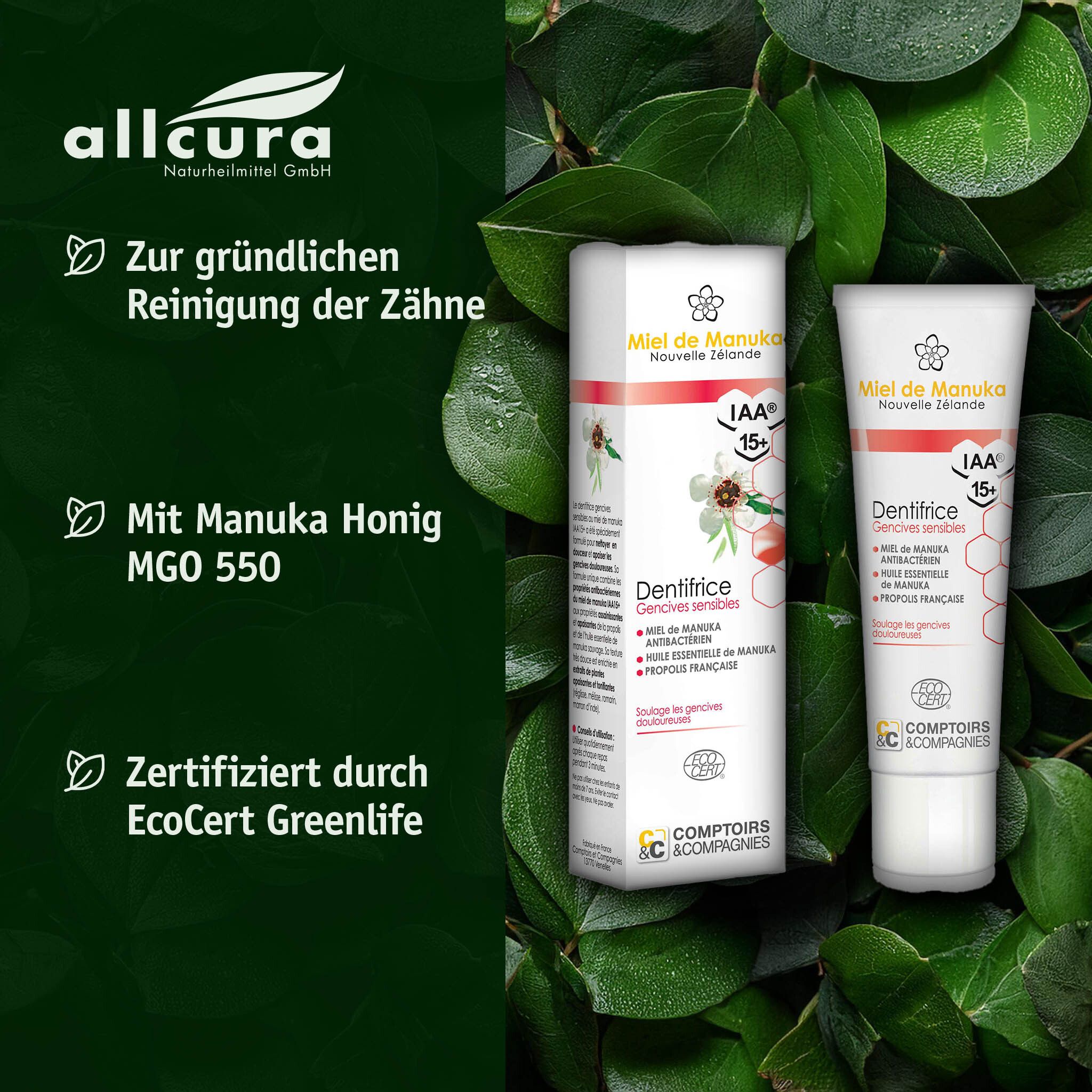 Zahncreme und Verpackung. Grün umgebende. Text: Miel de Manuka, IAA 15+, Dentifrice. Zertifiziert durch EcoCert Greenlife.
