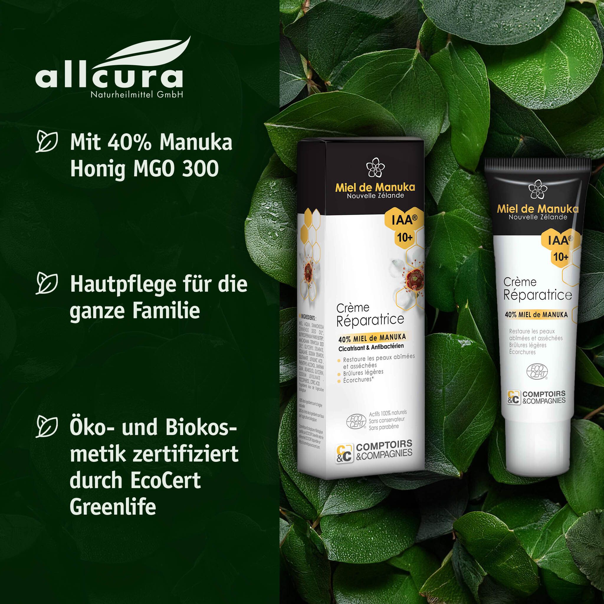 Deux produits : tube et boîte de crème « Miel de Manuka ». Inscription : 40% miel de Manuka. Fond de plantes vertes.