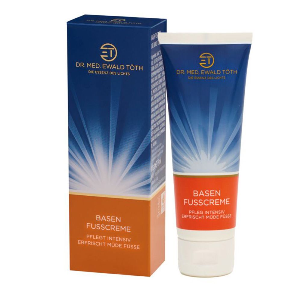 Emballage et tube 'BASEN FUSS CREME' de Dr. Ewald Toth, avec un design radial.