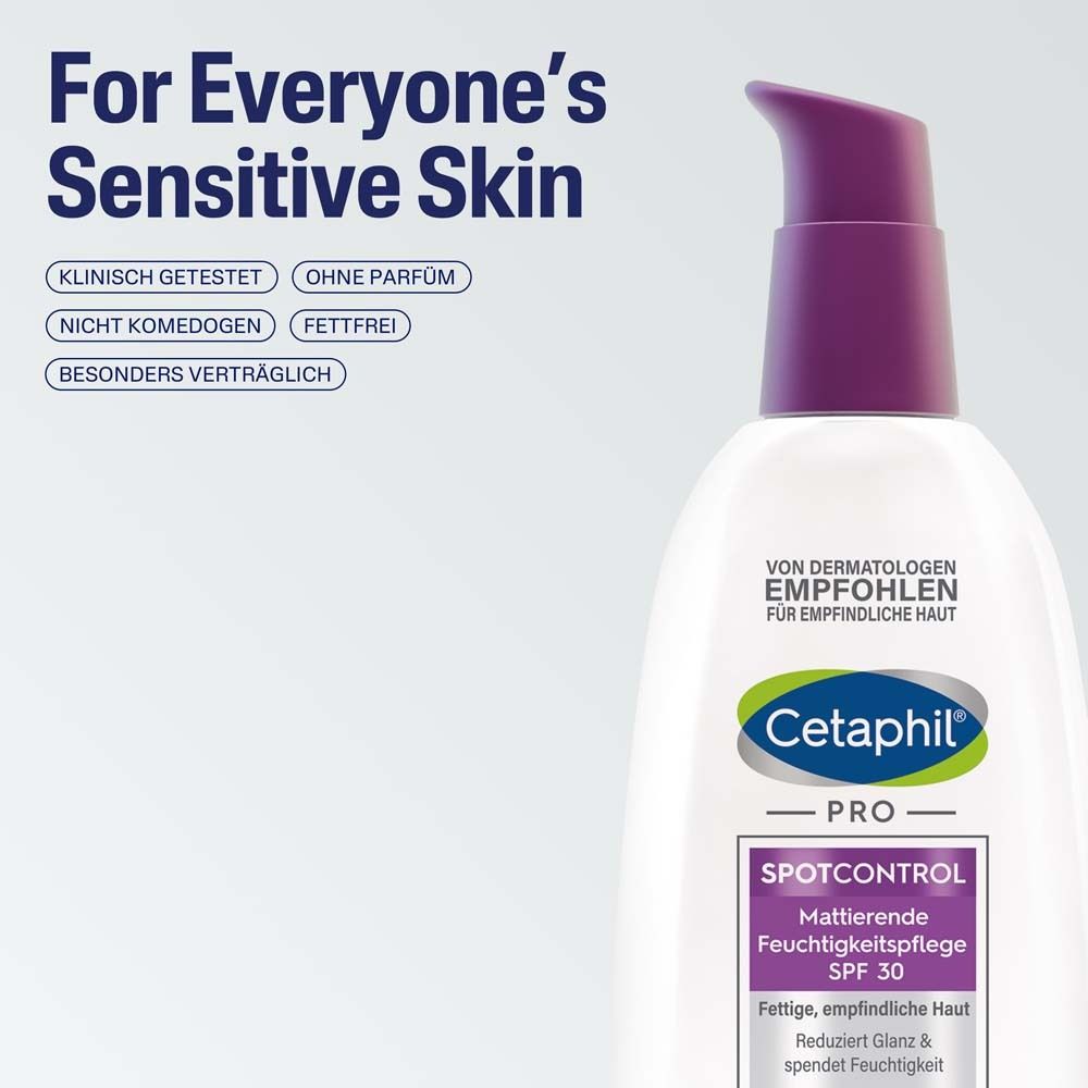 Cetaphil Pro SpotControl hydratant. Flacon blanc, pompe violette. Texte: Pour peaux sensibles.