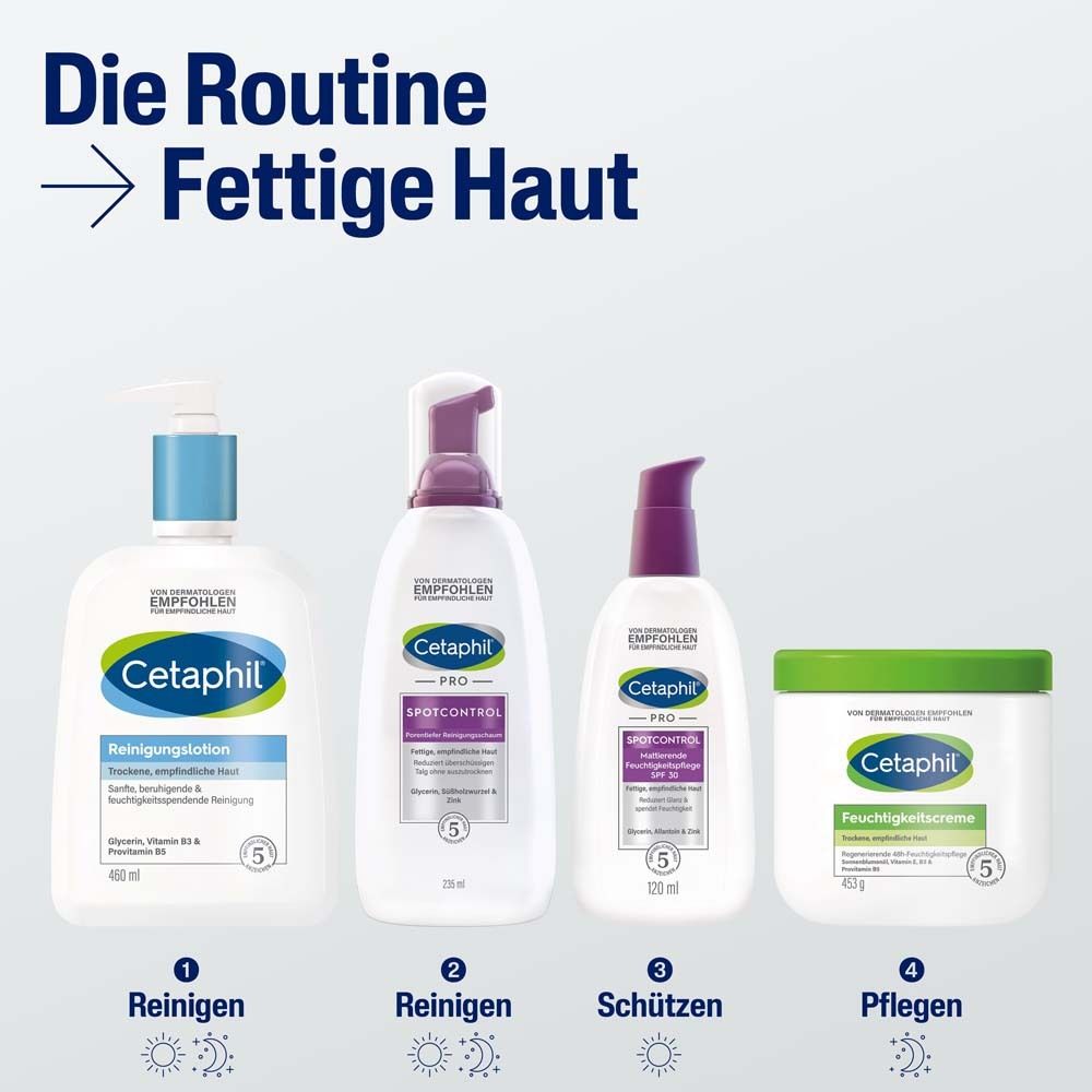 Produits Cetaphil pour peaux grasses. Nettoyage, protection, soin. Flacons et pots.