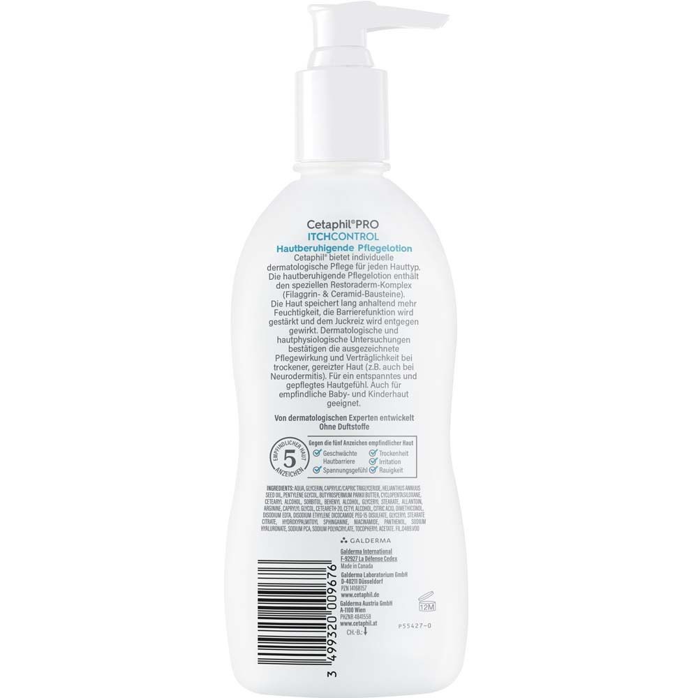 Dos du flacon. Texte : Cetaphil PRO ItchControl. Ingrédients, instructions d'utilisation, informations du fabricant.