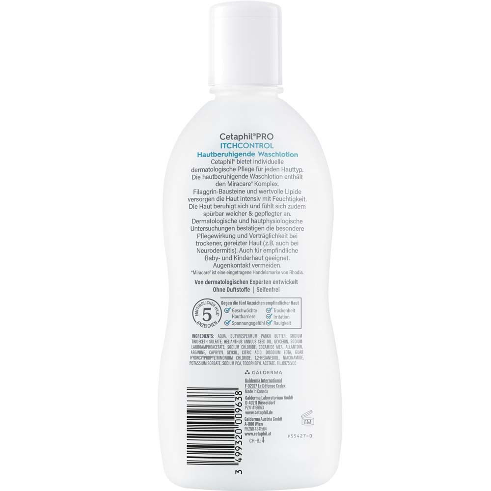 Rückseite der weißen Flasche CETAPHIL PRO ITCHCONTROL. Text: Inhaltsstoffe, Anwendungshinweise, Warnhinweise.