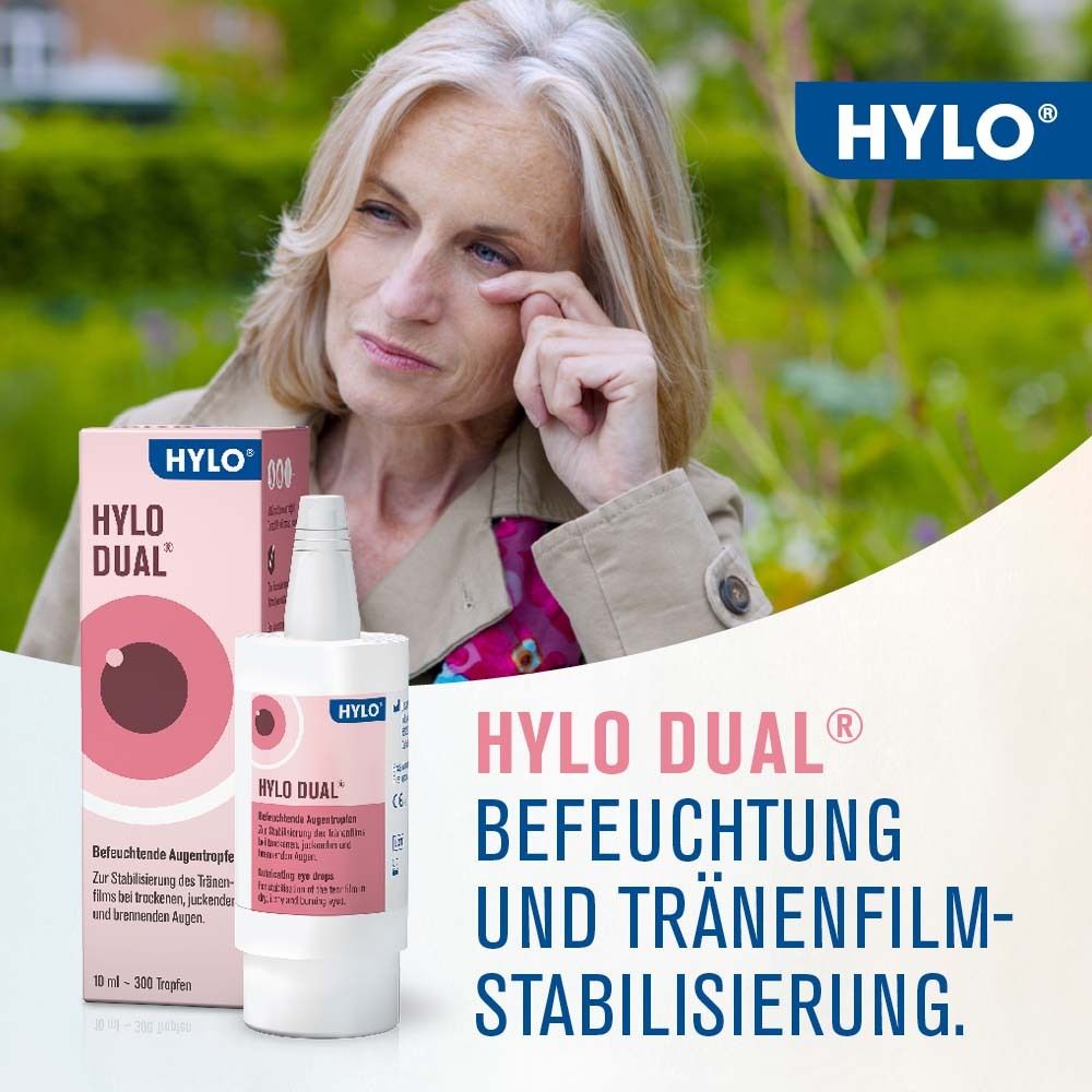Femme tenant un flacon HYLO-DUAL® près de l'œil. Emballage à gauche. Texte : Hydratation et stabilisation du film lacrymal.