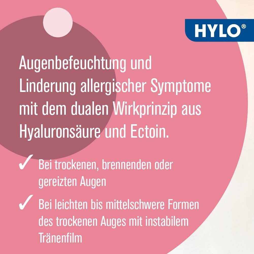 Texte sur fond rose. Hydratation oculaire et soulagement des symptômes allergiques. Avantages : yeux secs, brûlants.