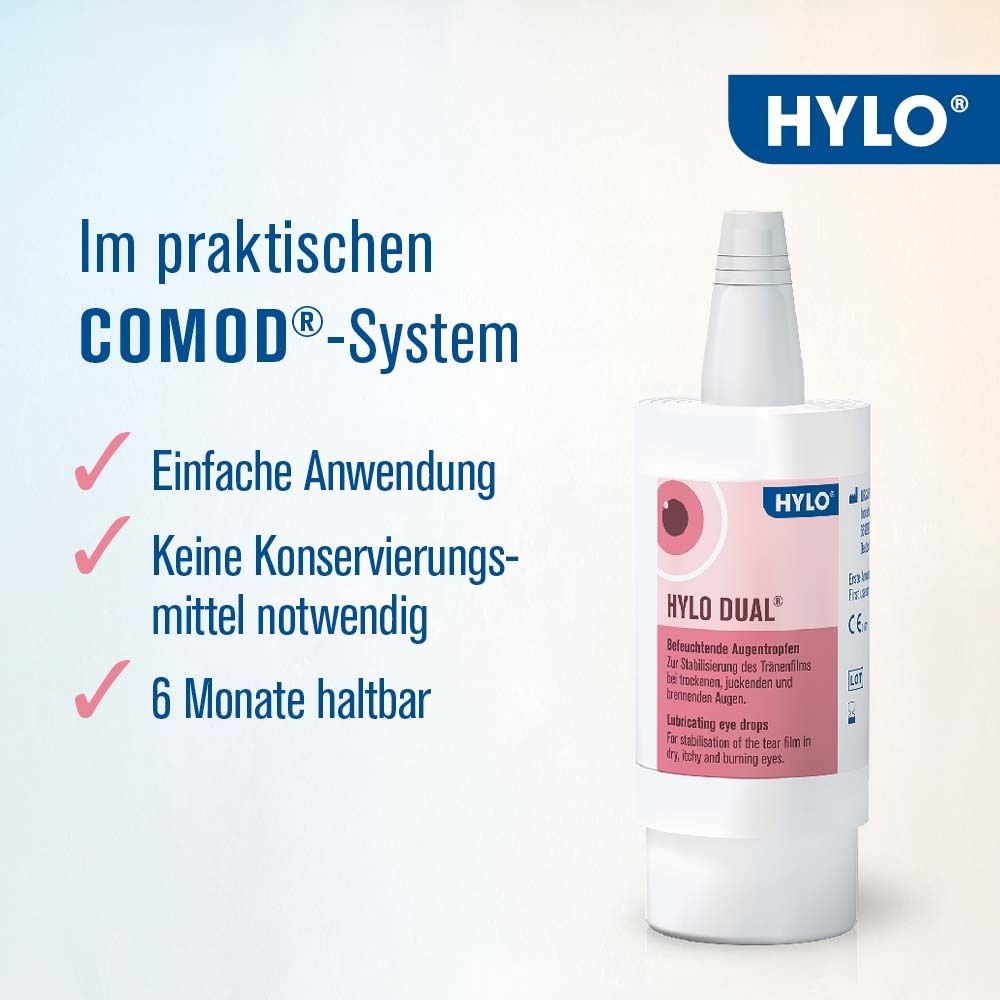 Flacon HYLO-DUAL® dans le système COMOD®. Avantages : Application facile, sans conservateur, 6 mois après ouverture.