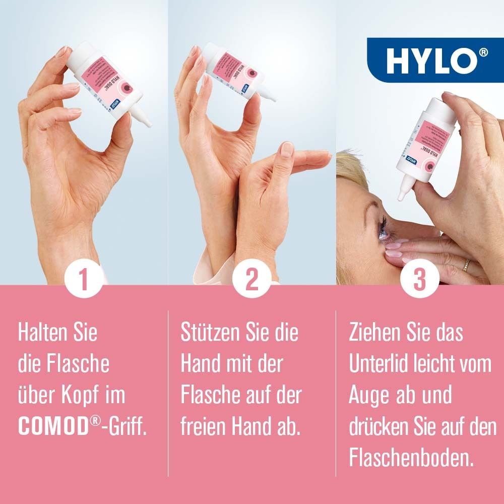 Application de HYLO-DUAL® : 3 étapes. Tenir le flacon vers le bas, soutenir la main, abaisser la paupière et presser.