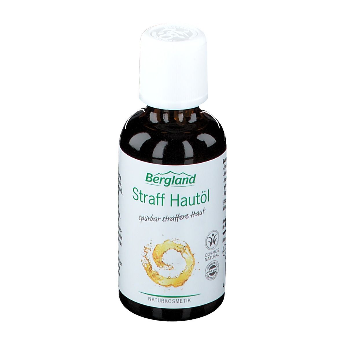 Flacon en verre brun avec bouchon blanc. Étiquette avec nom du produit et logo. Certification cosmétique naturelle.