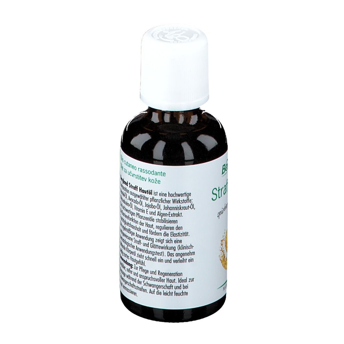 Flacon en verre brun avec bouchon blanc. Étiquette avec informations sur le produit. Certification cosmétique naturelle.
