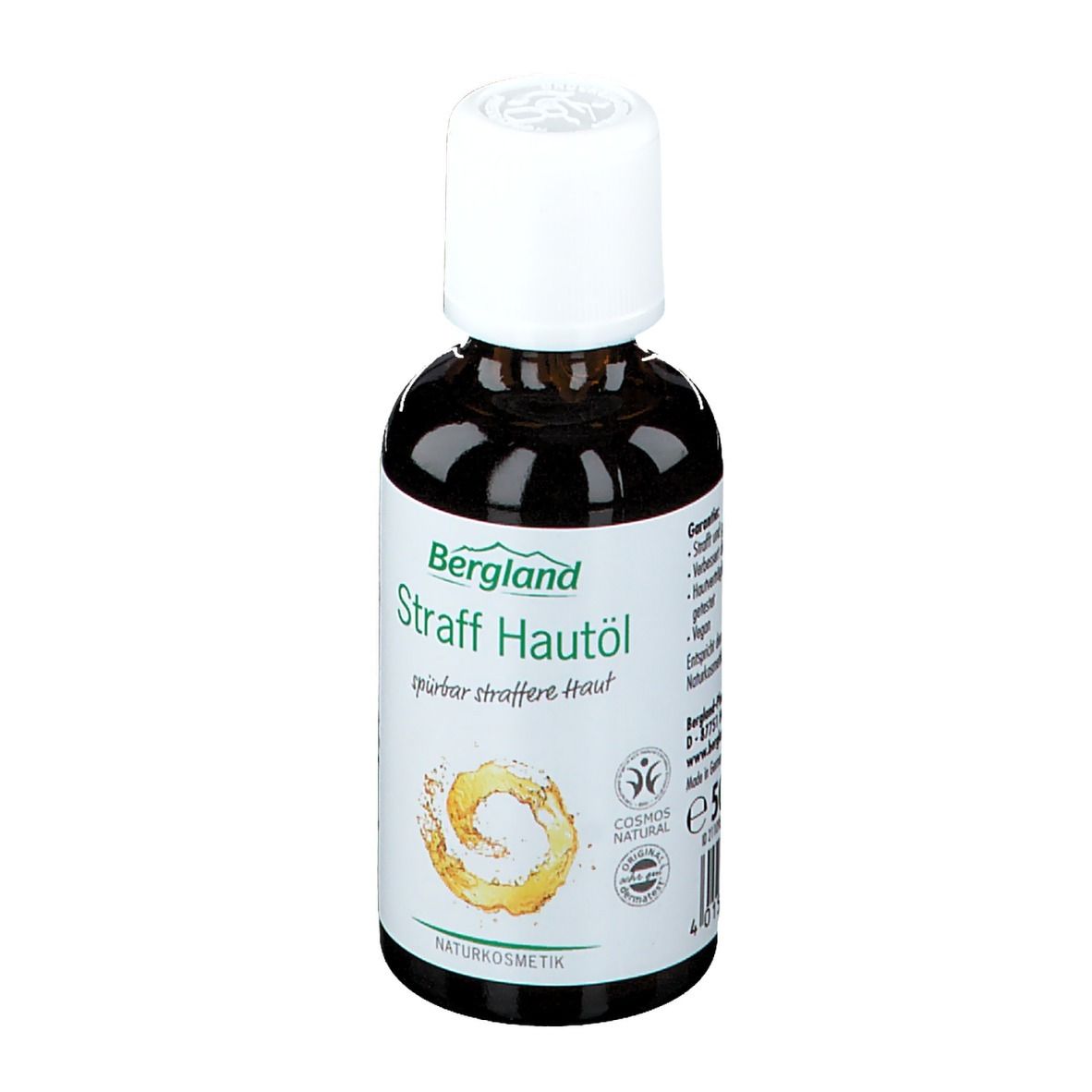 Flacon en verre brun avec bouchon blanc. Étiquette avec nom du produit et logo. Certification cosmétique naturelle.