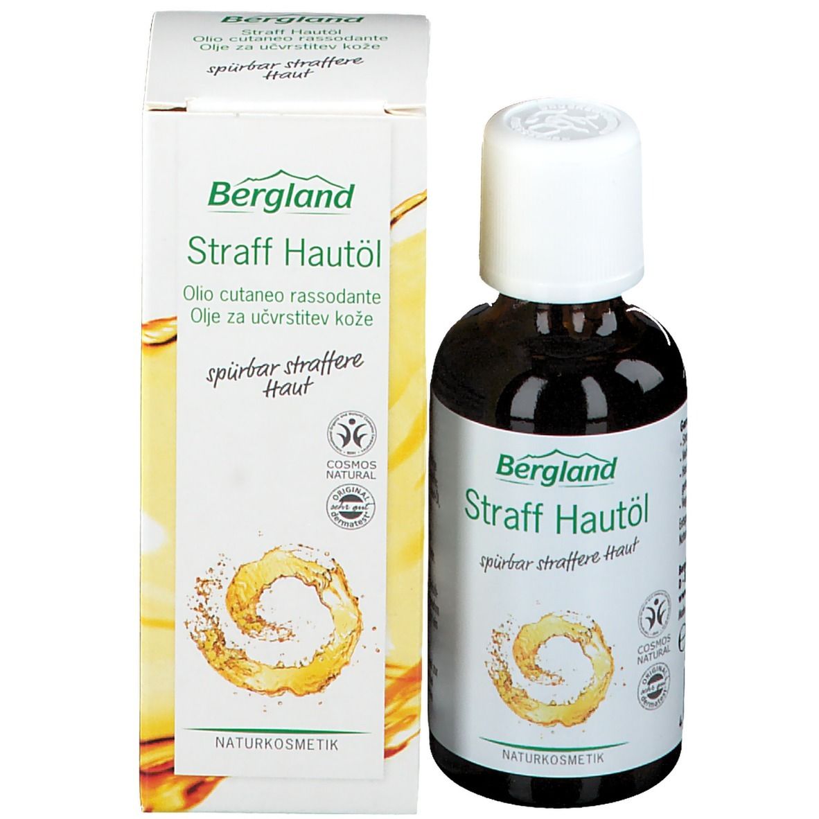 Flacon et emballage du produit. Flacon en verre brun avec bouchon blanc. Boîte avec nom du produit et logo.