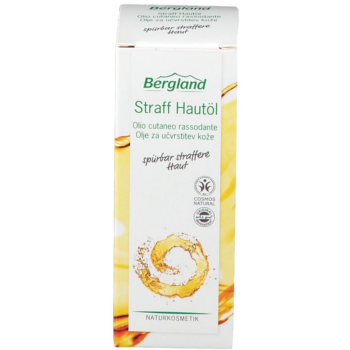 Emballage du produit. Boîte avec nom du produit et logo. Certification cosmétique naturelle. Liquide jaune illustré.