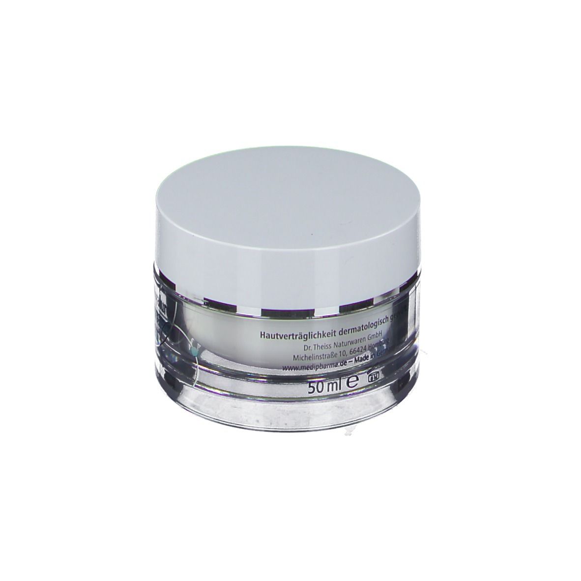 Creme-Tiegel mit weißem Deckel. Aufschrift: 50 ml. Rückseite mit Text.