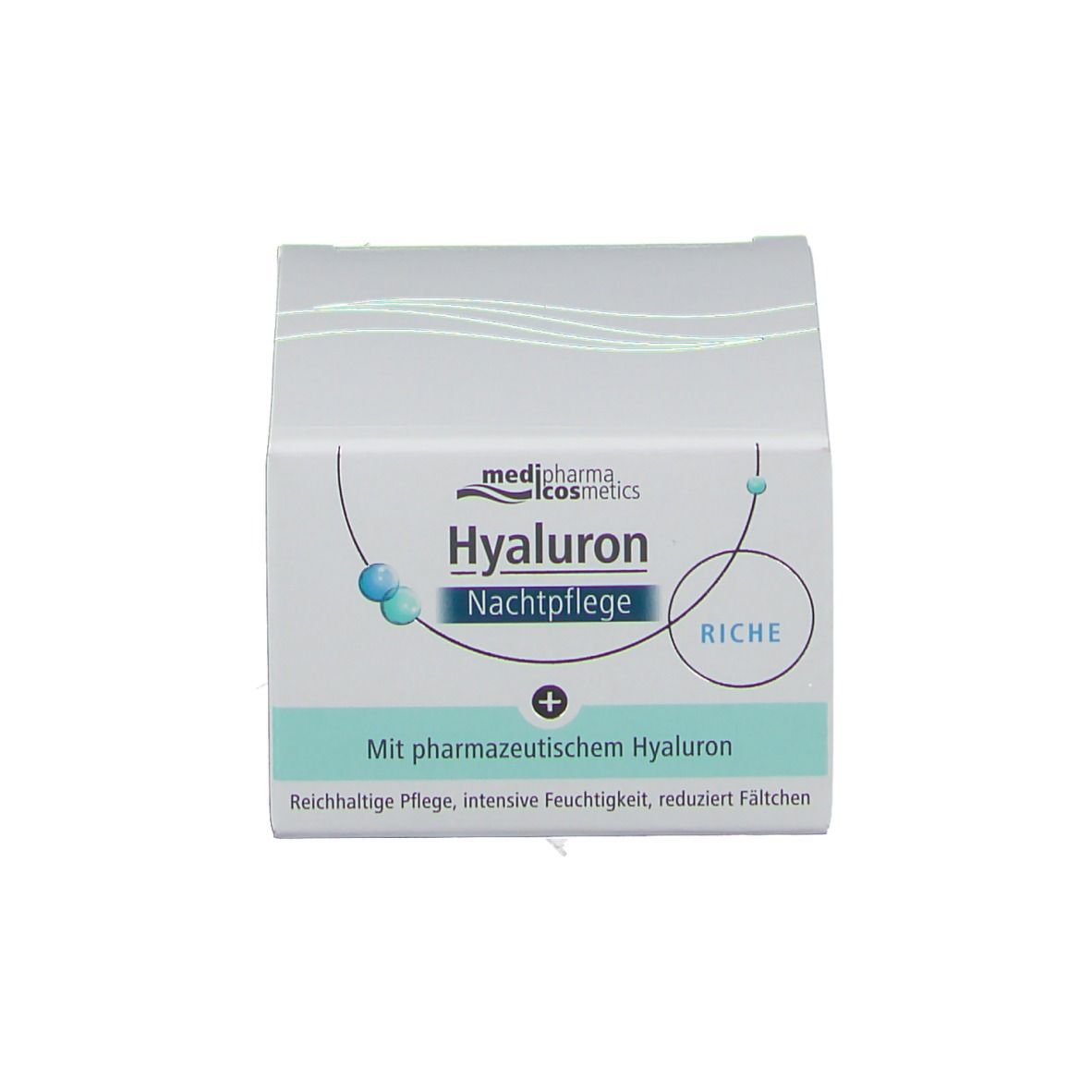 Weiße Schachtel. Aufschrift: Hyaluron Nachtpflege Riche. Text: Mit pharmazeutischem Hyaluron.