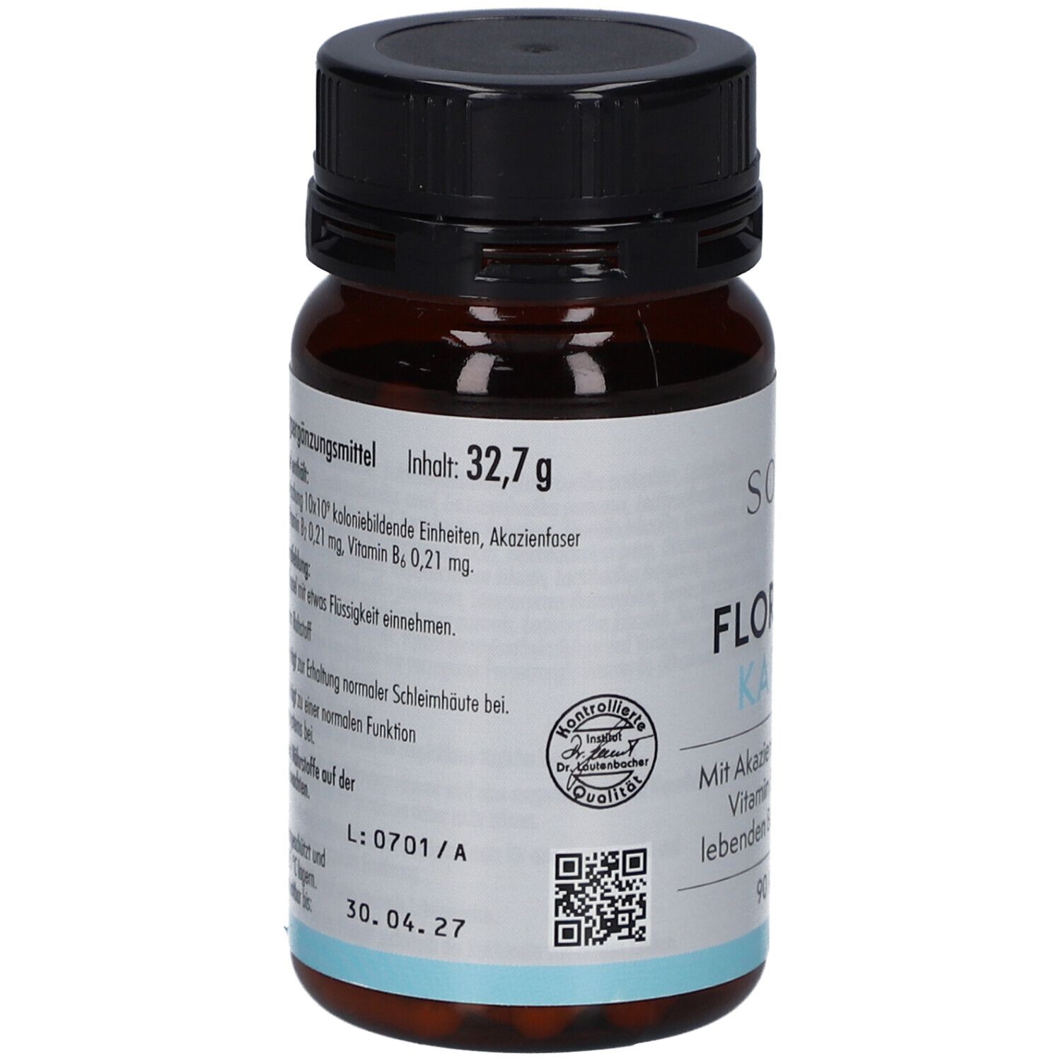 Flacon en verre brun avec bouchon noir. Inscription : SOVITA Flora Opti Kapseln. 32,7g. Code QR. A consommer de préférence avant le 30.04.27.