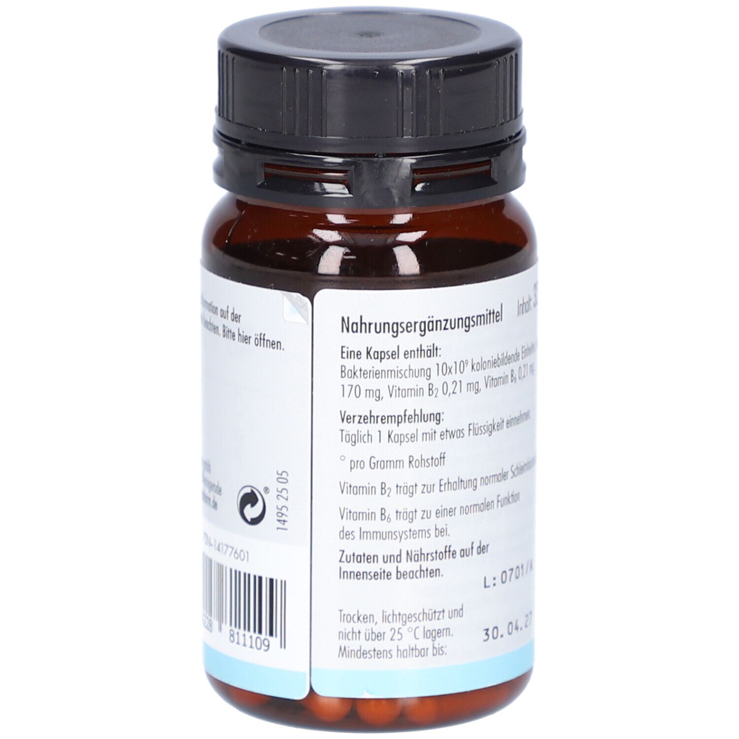 Flacon en verre brun avec bouchon noir. Inscription : SOVITA Flora Opti Kapseln. Liste des ingrédients. A consommer de préférence avant le 30.04.27.