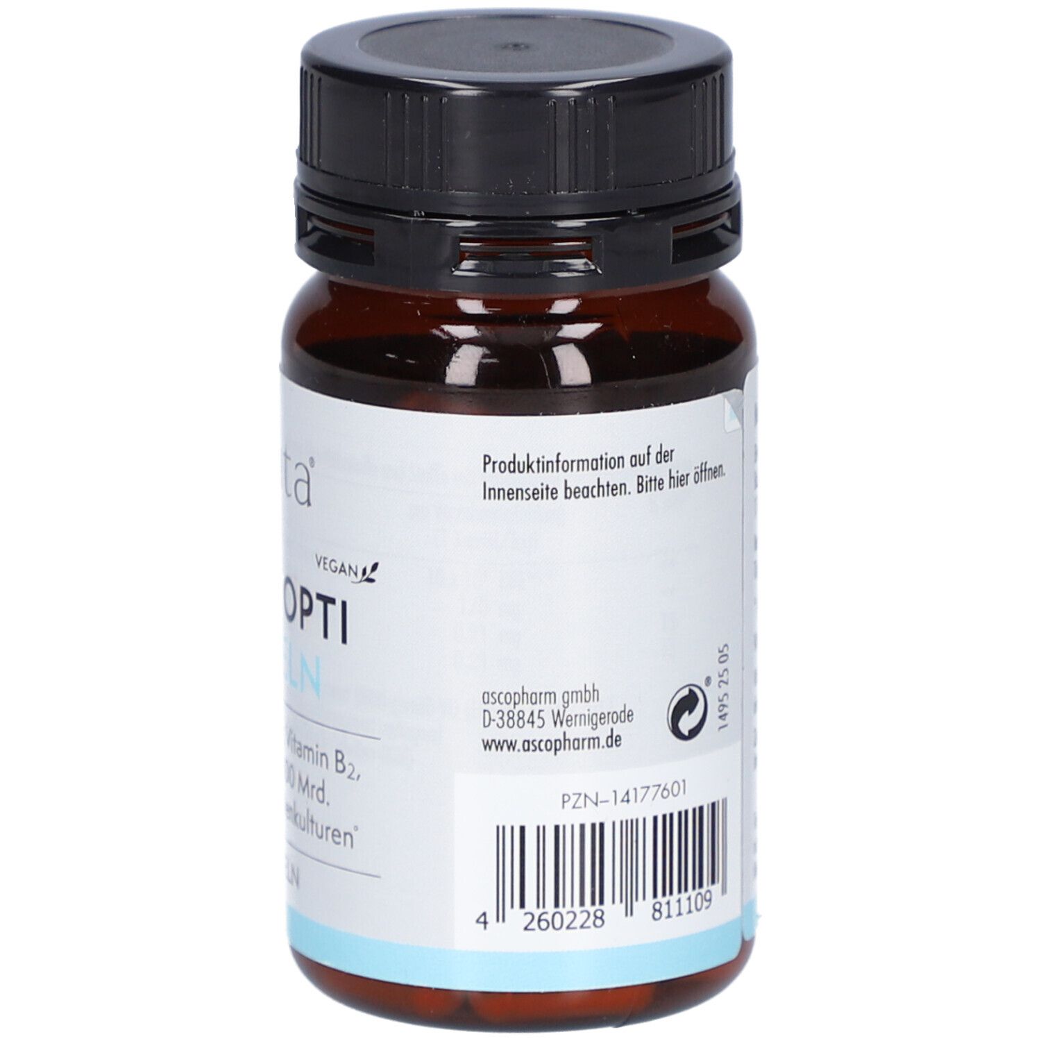 Flacon en verre brun avec bouchon noir. Inscription : SOVITA Flora Opti Kapseln. Code-barres. Adresse du fabricant.