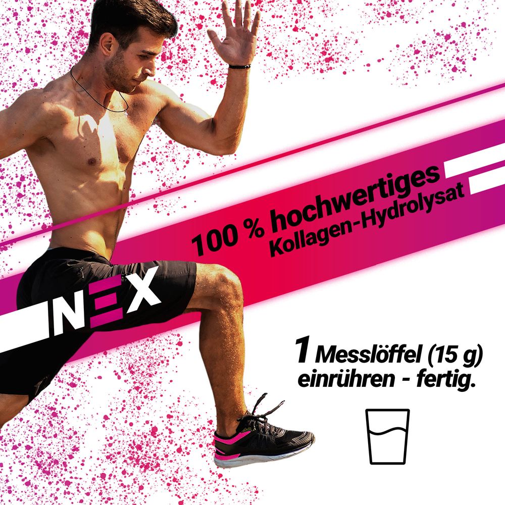Mann rennt. Text: 100% hochwertiges Kollagen-Hydrolysat. 1 Messlöffel (15 g) einrühren - fertig. Glas-Symbol. NEX-Logo.