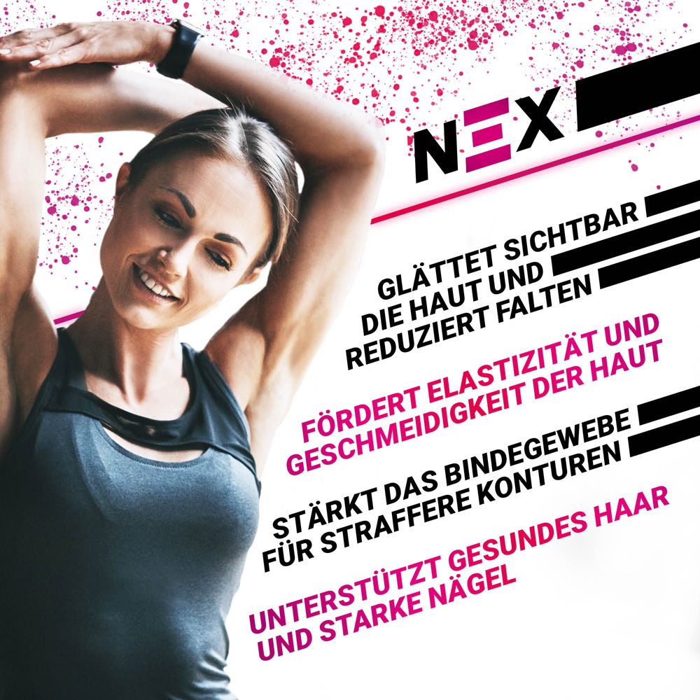 Frau dehnt sich. Text: Glättet Falten, fördert Elastizität, stärkt Konturen, unterstützt Haare und Nägel. NEX-Logo.