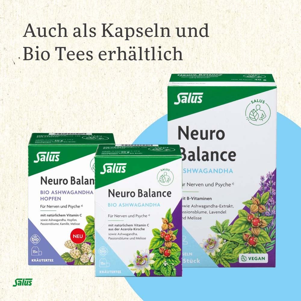 Emballages de produits. Texte: Également disponible en gélules et thés bio. Salus Neuro Balance.
