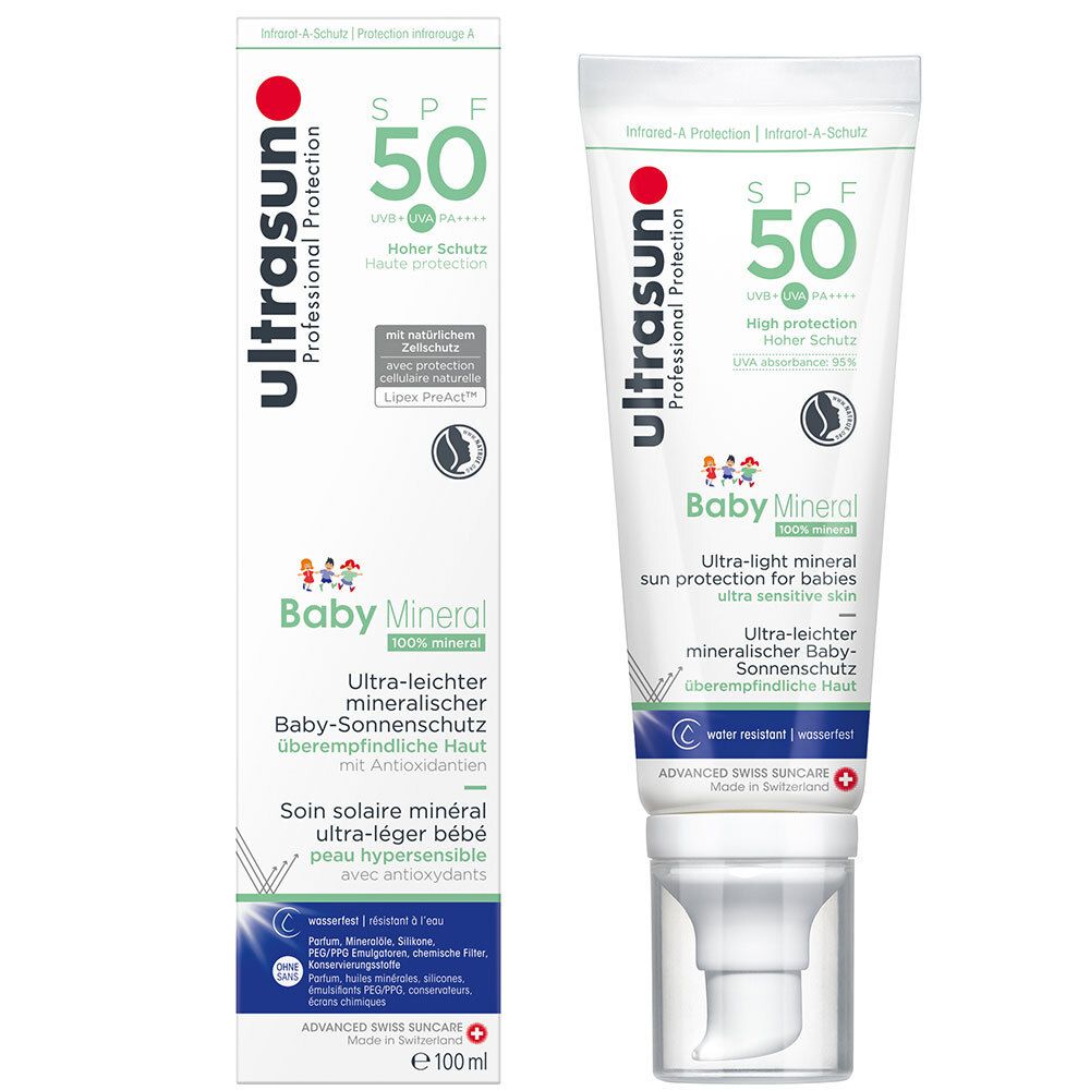 Weißes Gel mit SPF 50, Baby Mineral. Tube und Verpackung mit Produktinformationen und Logo.