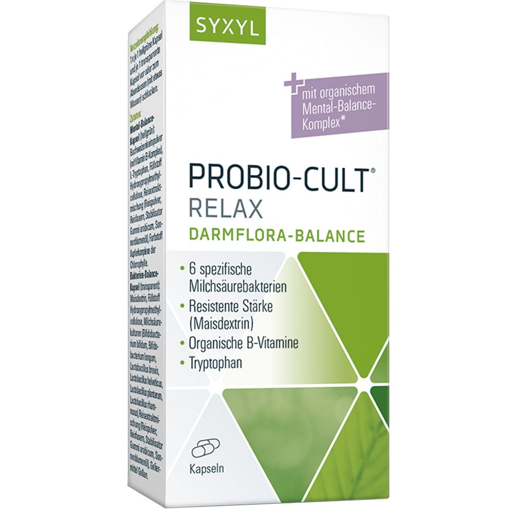 SYXYL ProBio-Cult Relax. Boîte avec gélules. Contient 6 bactéries lactiques spécifiques, amidon résistant, vitamines B organiques et tryptophane.