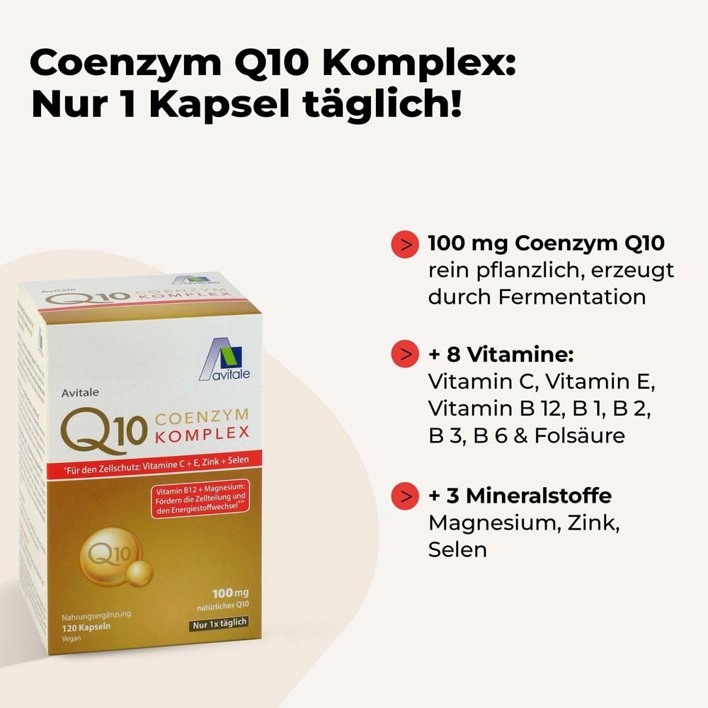 Emballage du produit avec texte: Coenzym Q10 Komplex. Seulement 1 gélule par jour! 100 mg Q10, 8 vitamines, 3 minéraux.