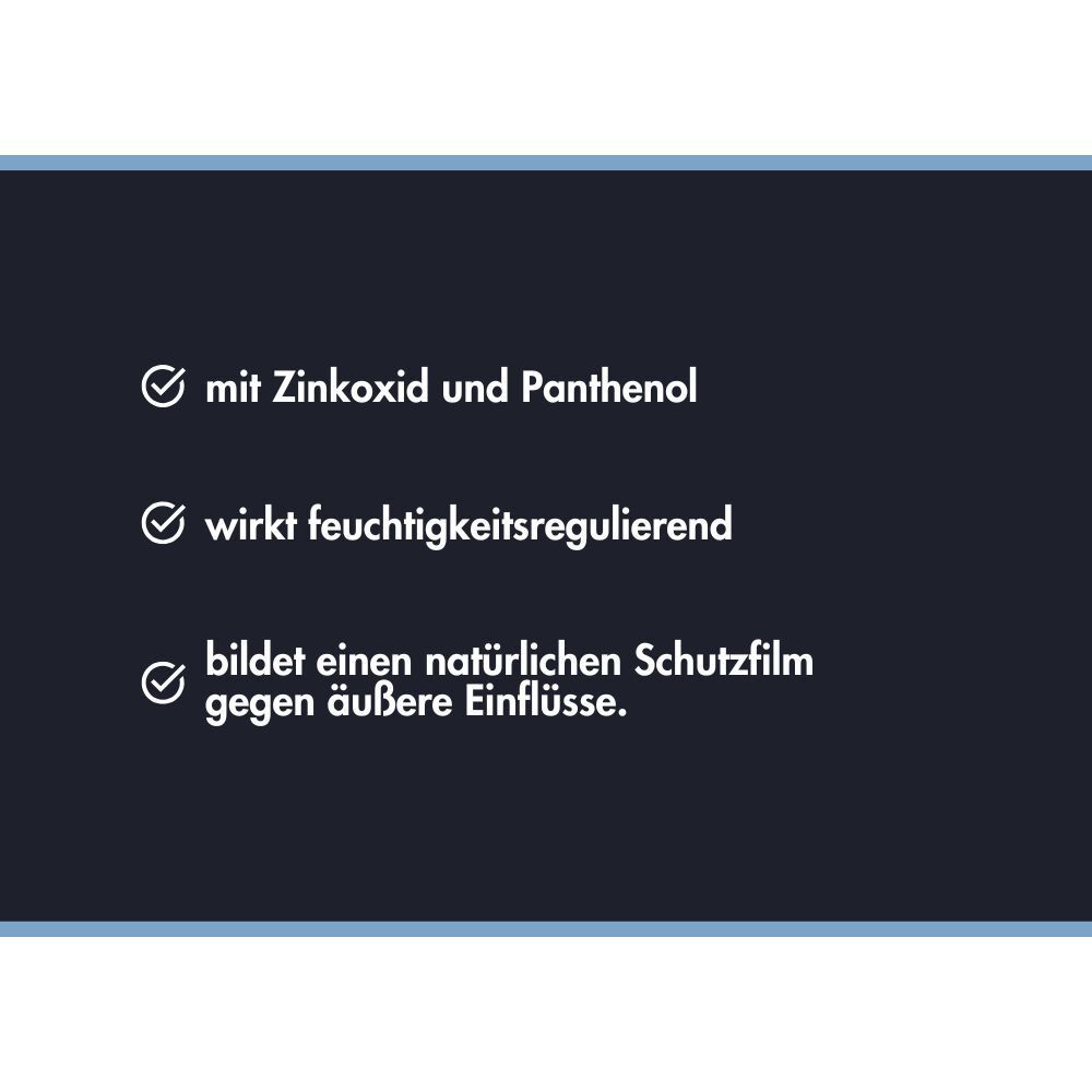 Aufzählungspunkte: Mit Zinkoxid und Panthenol, feuchtigkeitsregulierend, bildet Schutzfilm gegen äußere Einflüsse.