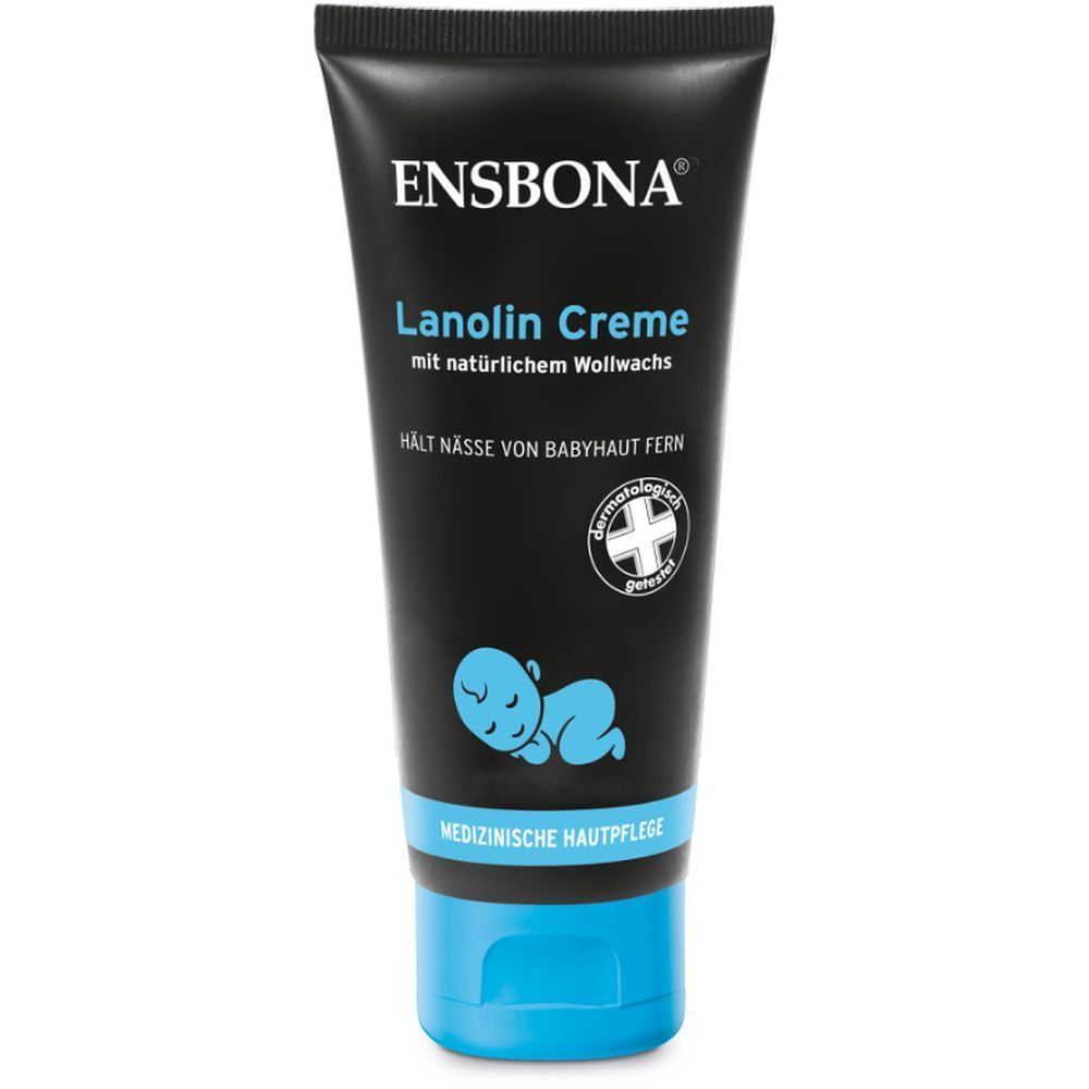 Tube de crème à la lanoline Ensbona avec symbole de bébé et certification dermatologique.