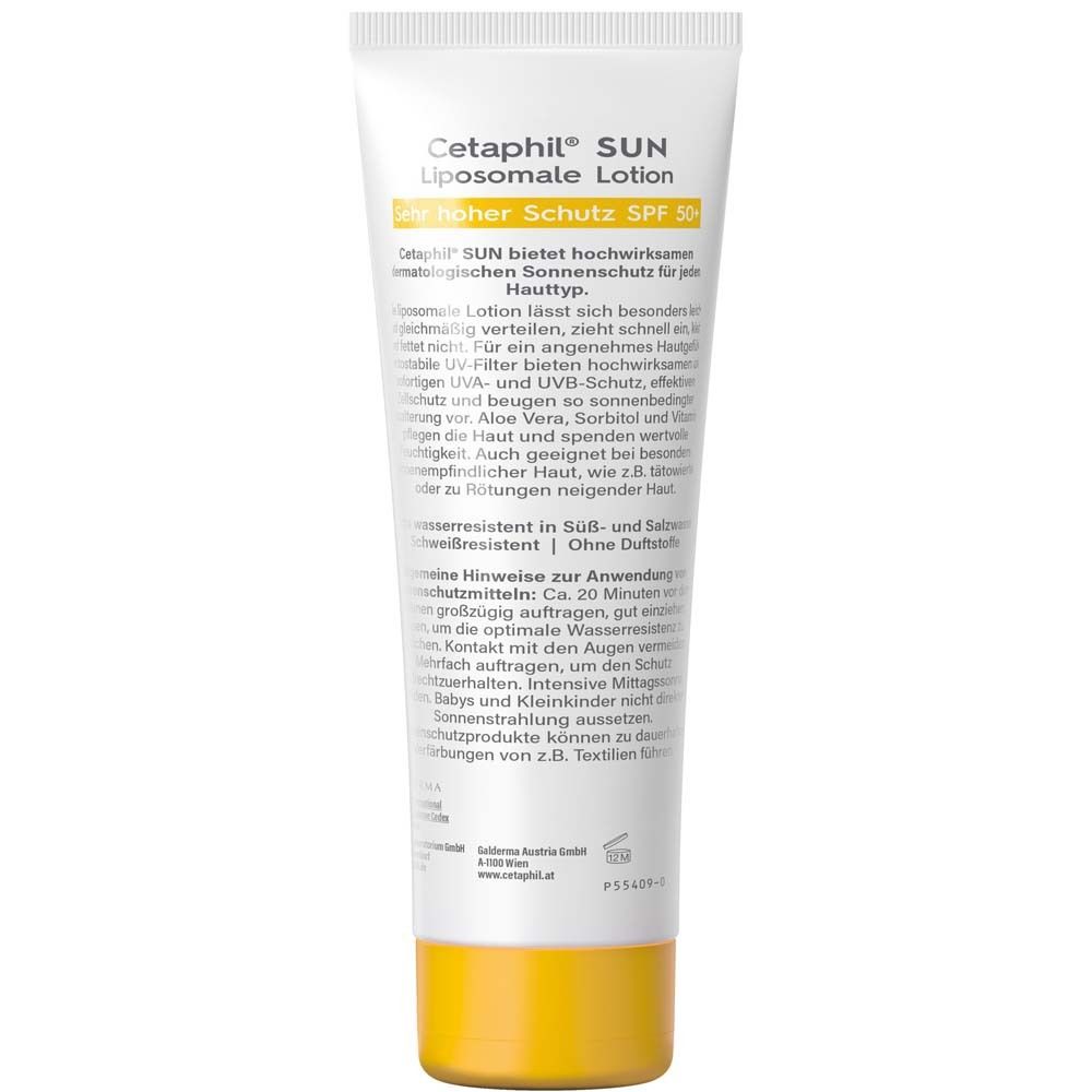 Rückseite der Tube CETAPHIL SUN Liposomale Lotion SPF 50+. Text.